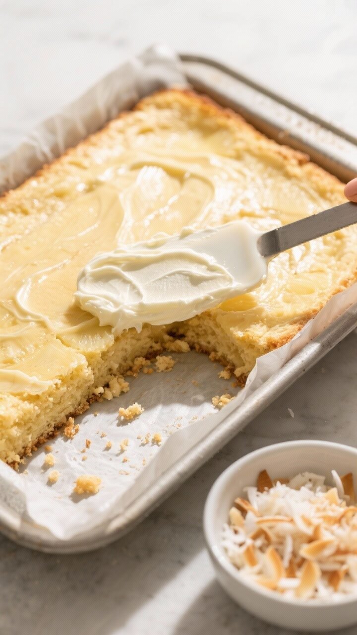 Cooking process, close-up detail: Warm pineapple coconut sheet cake just out of the oven in a 9x13 p