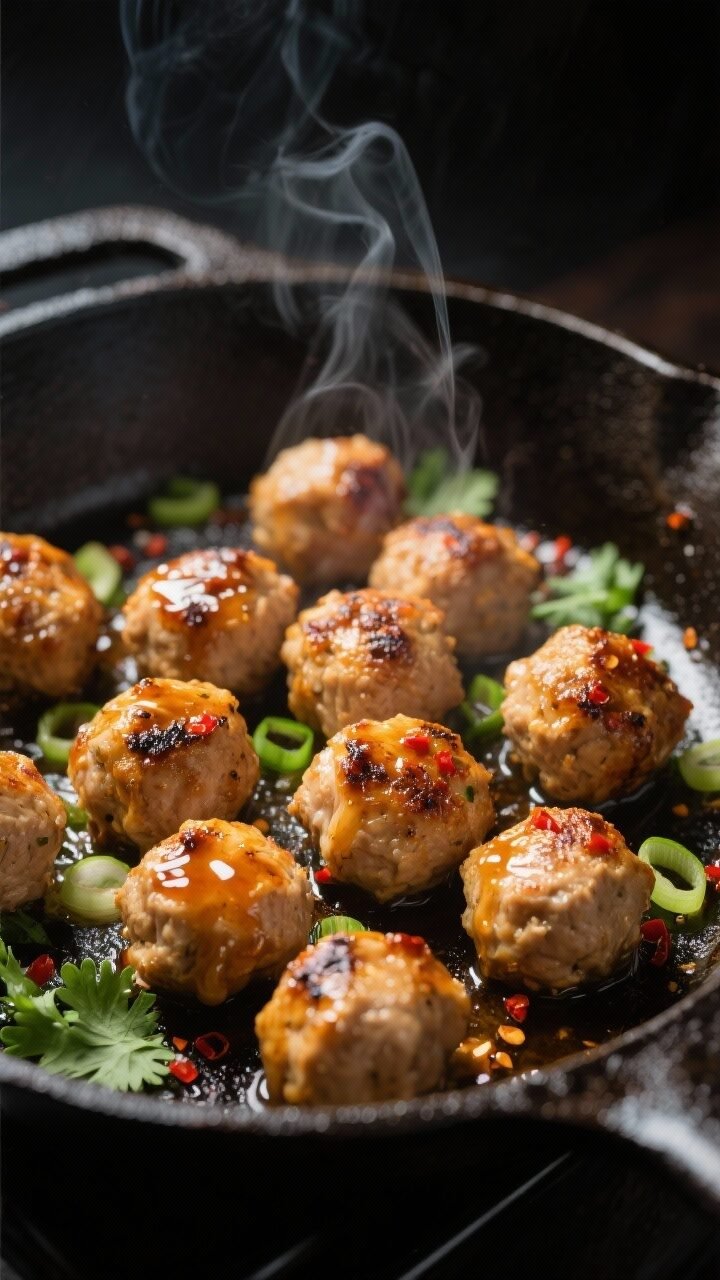 Cooking process close-up: Pan-seared spicy chicken meatballs sizzling in a cast-iron skillet, golden