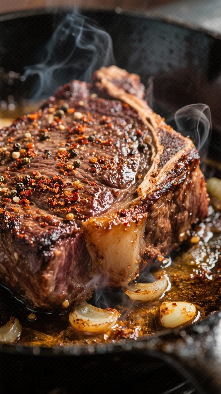 Cooking process close-up: Searing a well-browned chuck roast in a heavy skillet, close-up of the car