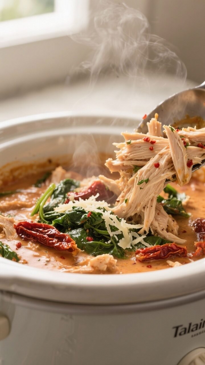 Cooking process close-up: Tender shredded chicken being returned to a crockpot filled with silky, cr
