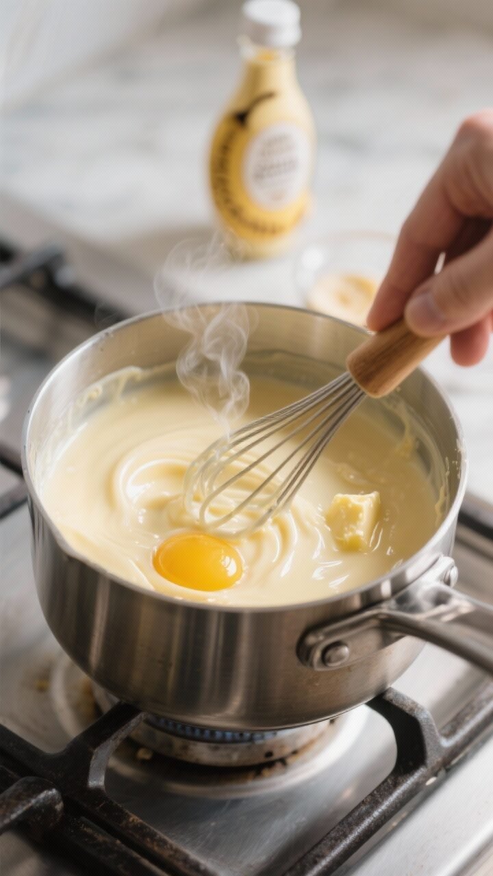 Cooking process close-up: Thick, glossy vanilla-banana custard being whisked in a stainless saucepan