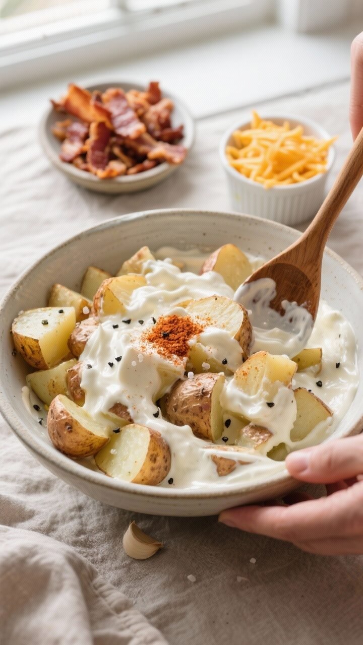 Cooking process close-up: Warm, steam-dried potato cubes being gently folded into a creamy dressing 