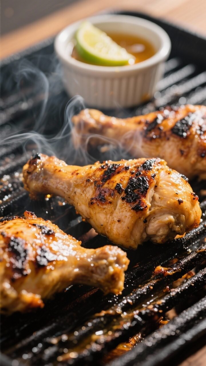 Cooking process, grill focus: Close-up of marinated chicken thighs sizzling on a preheated grill, de