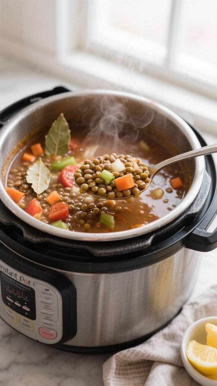 Cooking process: Instant Pot lentil soup just after pressure release, lid off, steam gently rising. 