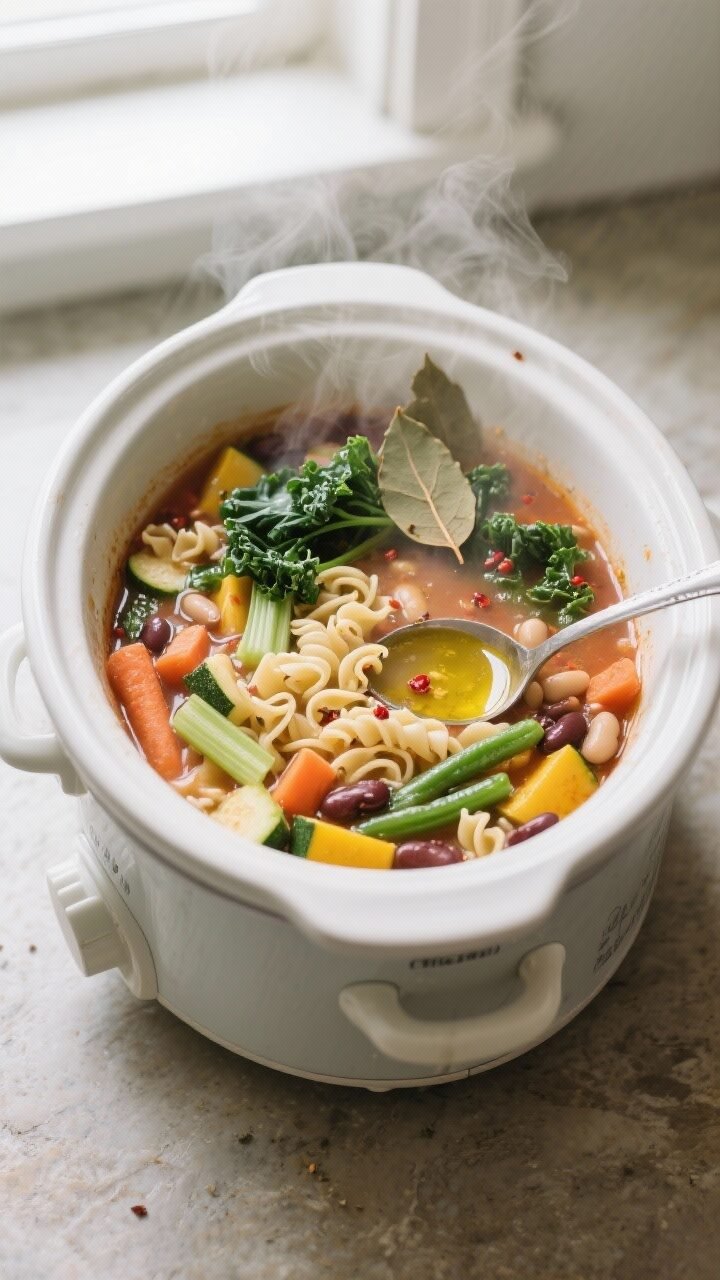 Cooking process, overhead top view: A slow cooker filled with simmering gluten-free minestrone near 