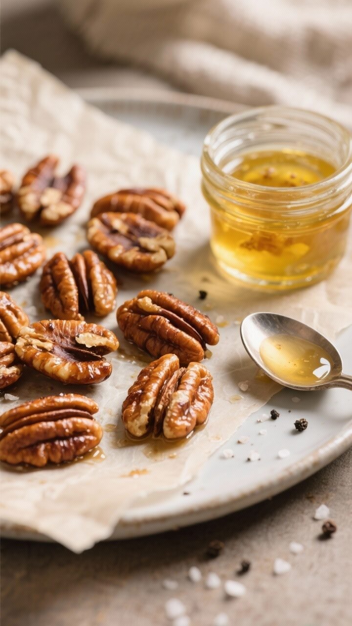 Cooking process — toasted walnuts: Close-up of freshly toasted walnut halves cooling on a parchmen
