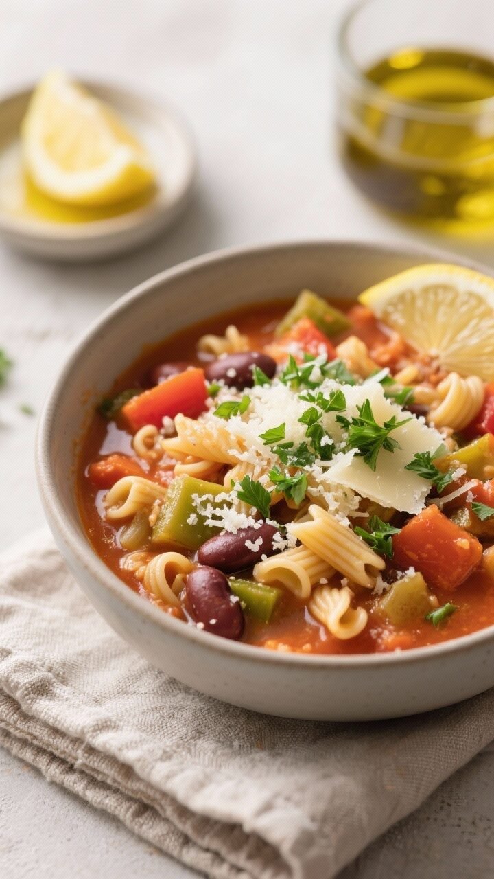 Final dish, close-up plated shot: A cozy bowl of gluten-free crockpot minestrone served hot, topped 