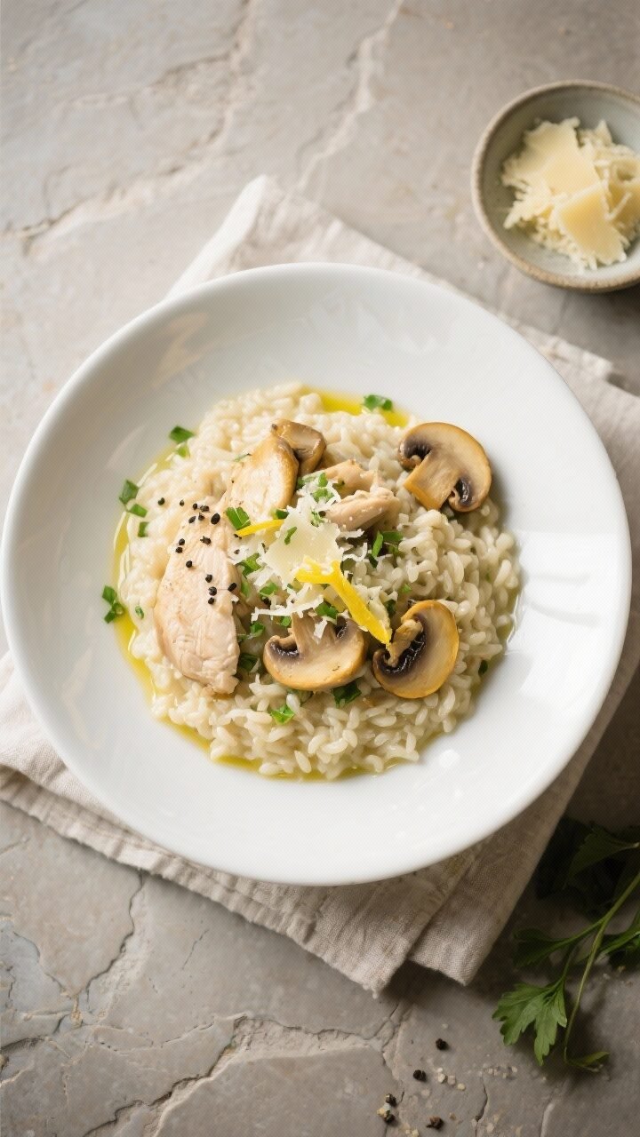 Final dish overhead: Beautifully plated chicken and mushroom risotto served in a wide, shallow white