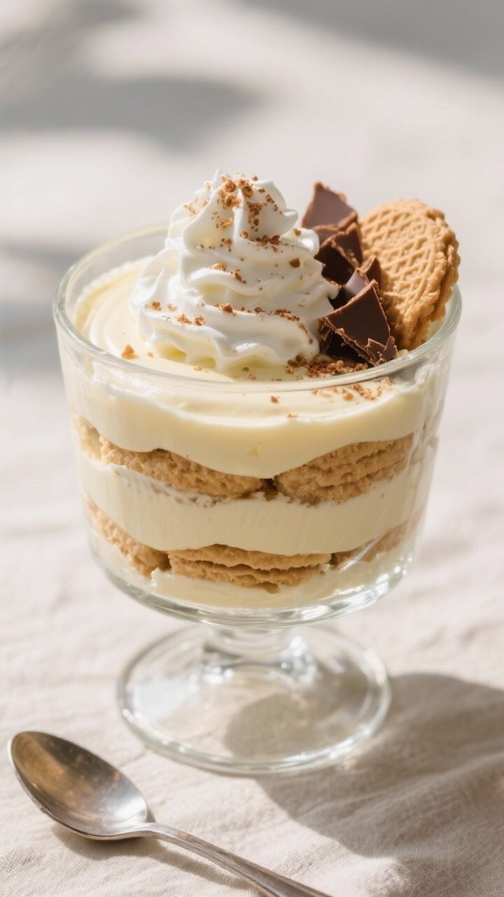 Final dish overhead: Layered “Banana Pudding Without Bananas” in a clear glass trifle bowl, top 