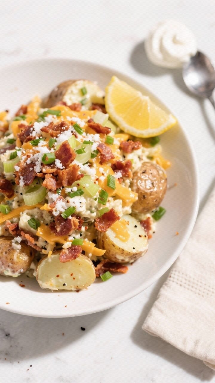 Final dish overhead: Loaded Baked Potato Salad mounded in a wide, shallow white serving bowl. Top sp