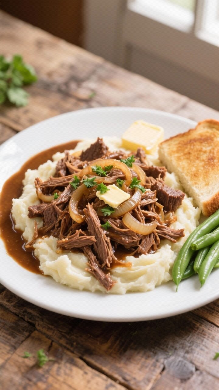 Final dish overhead: Overhead shot of shredded Crockpot Texas Roadhouse-style beef nestled in glossy