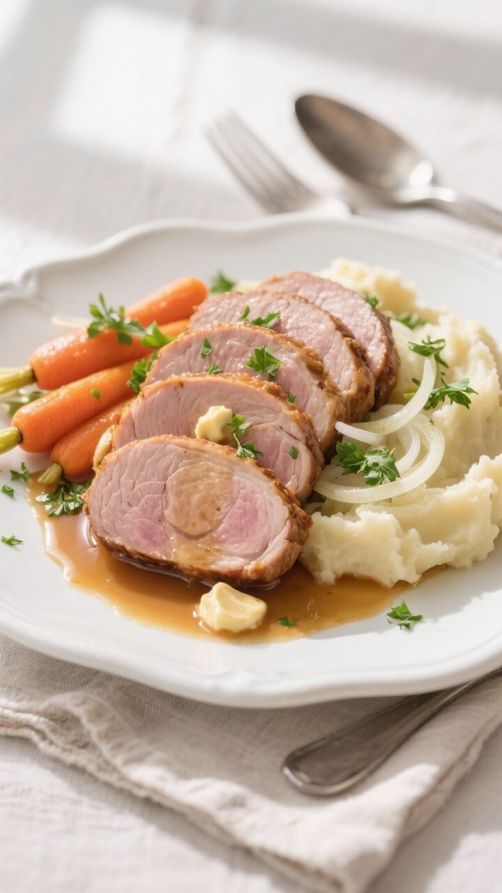 Final dish overhead: Overhead shot of sliced pork tenderloin medallions arranged in a slight fan on 