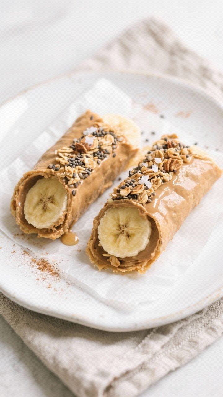 Final dish overhead: Peanut Butter Banana Energy Wrap sliced on the diagonal and arranged as two tig