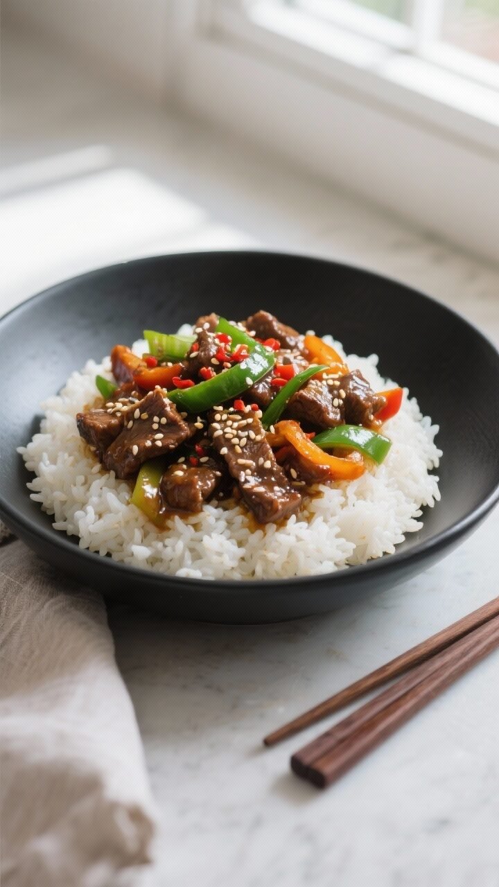 Final dish, overhead plated shot: Beautifully plated 30-Minute Mongolian Beef Stir Fry over a neat m