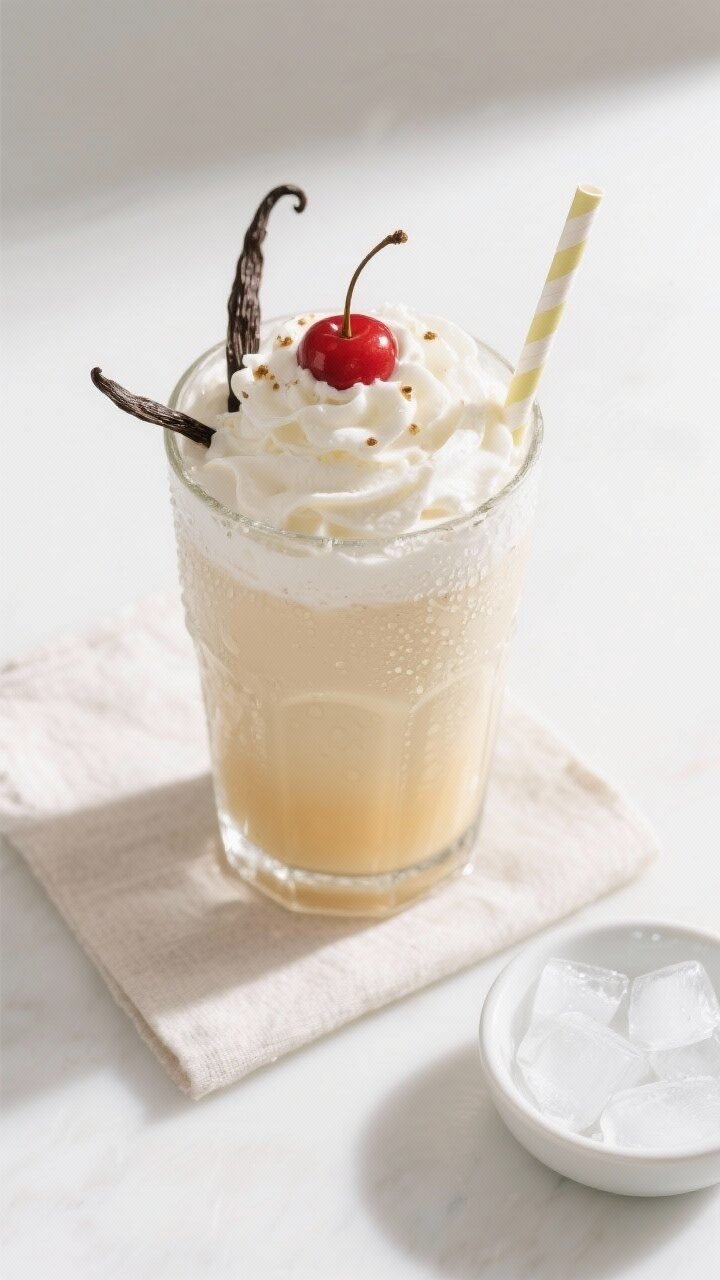 Final dish overhead shot: Overhead, cafe-style presentation of a finished Creamy Vanilla Italian Sod