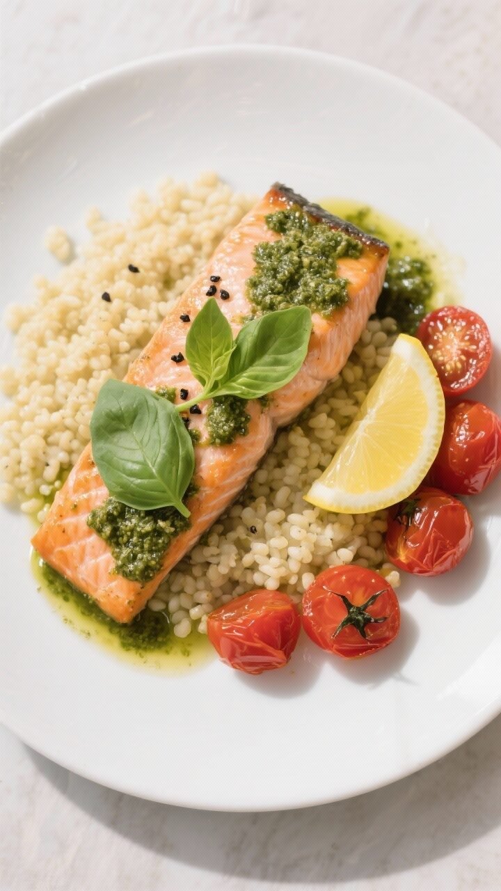 Final dish, tasty top view: Overhead shot of a beautifully plated basil pesto salmon fillet on a mat
