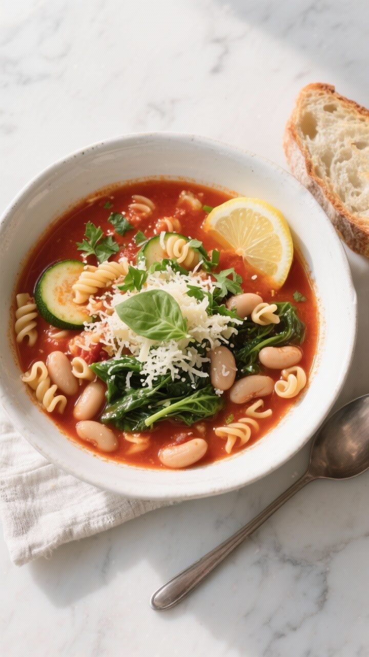 Final dish, tasty top view: Overhead shot of a beautifully plated bowl of Vegetarian Italian Pasta S