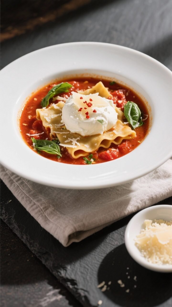 Final dish, tasty top view: Overhead shot of a bowl of classic lasagna soup, richly sauced with crus