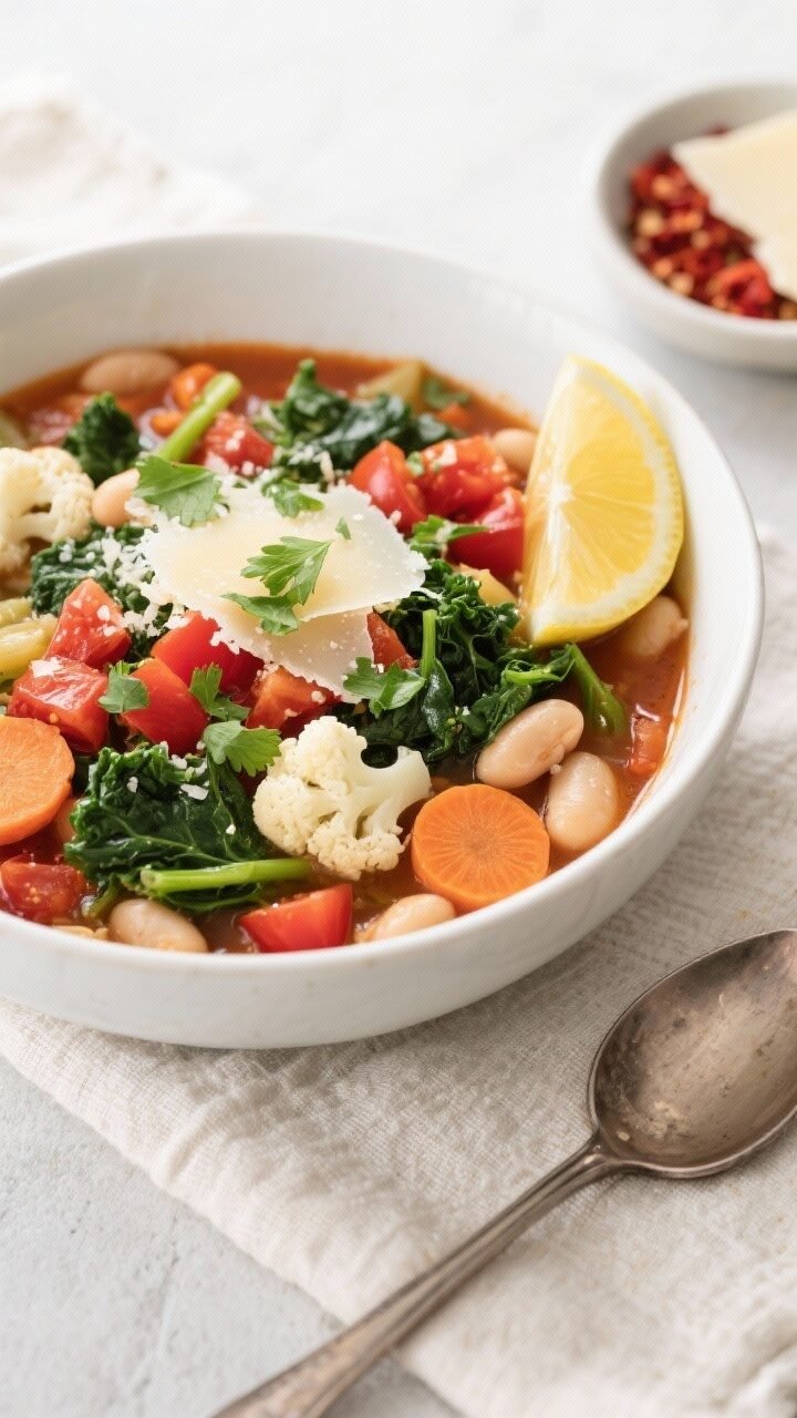 Final dish, tasty top view: Overhead shot of a bowl of low-carb minestrone, vibrant and layered—ru