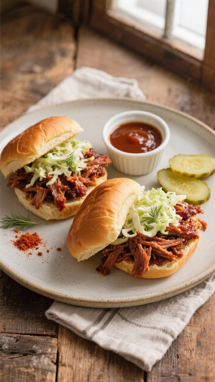 Final dish, tasty top view: Overhead shot of BBQ pulled pork sandwiches on soft toasted buns, genero