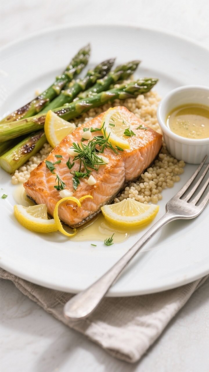 Final dish, tasty top view: Overhead shot of beautifully plated lemon garlic baked salmon on a matte