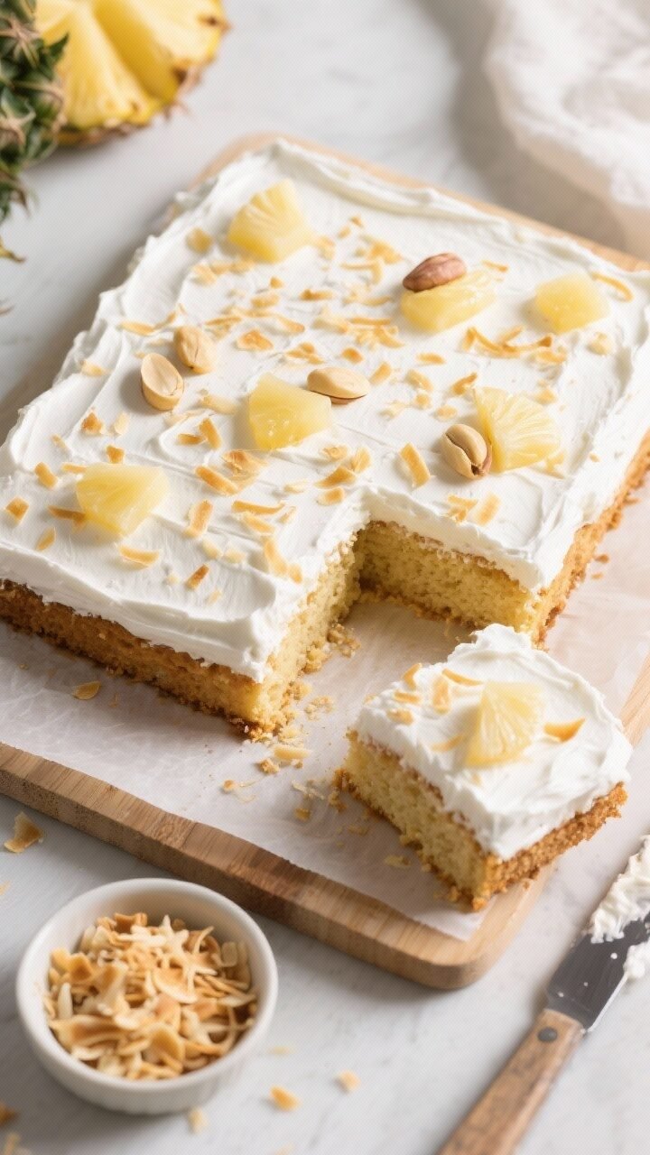Final dish, tasty top view: Overhead shot of fully frosted Pineapple Coconut Sheet Cake on a parchme