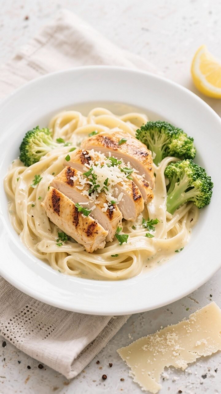 Final dish, tasty top view: Overhead shot of Lightened-Up Chicken Alfredo plated restaurant-style in