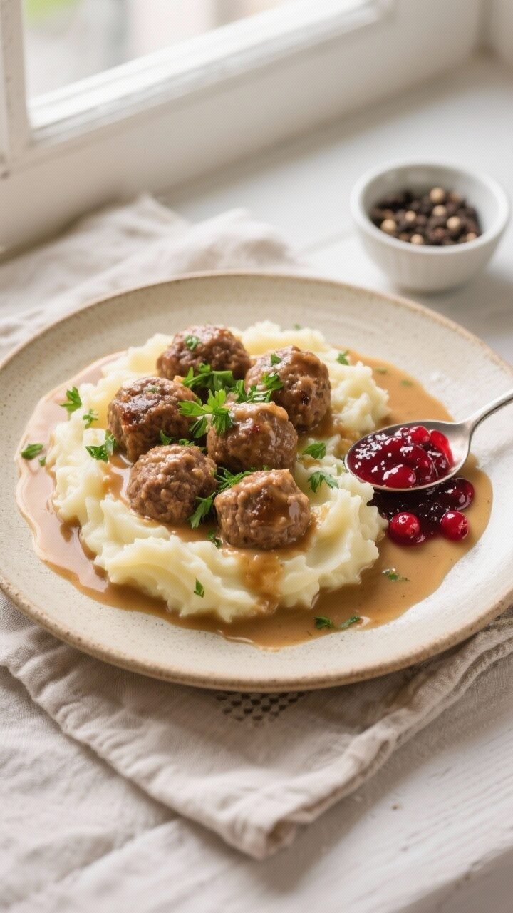 Final dish, tasty top view: Overhead shot of Swedish ground beef meatballs bathed in creamy pan sauc