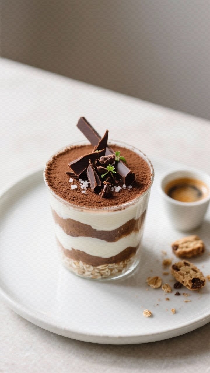 Final dish, top-down: Overhead shot of finished tiramisu overnight oats in a clear tumbler, topped w