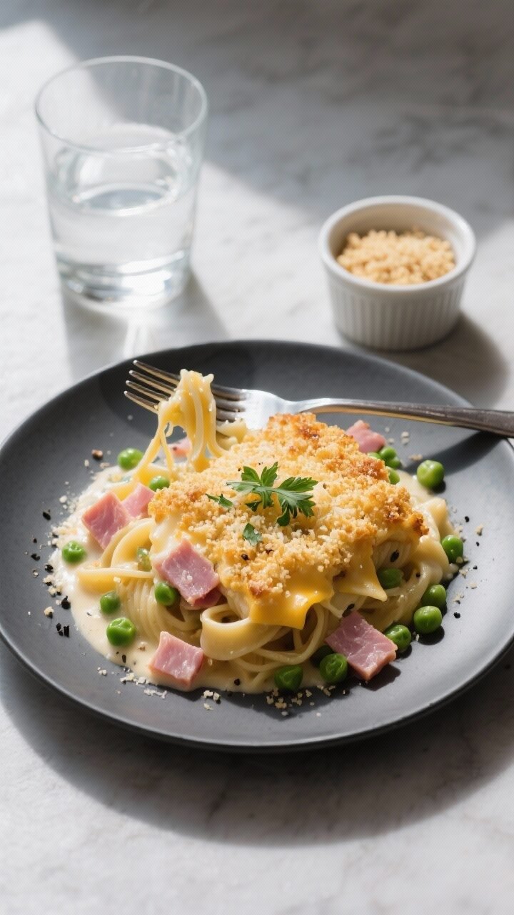 Final dish, top view: Overhead shot of a single plated serving of Leftover Ham and Cheese Casserole 