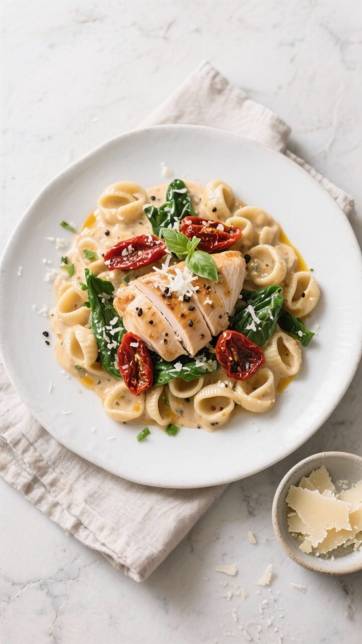 Final plated overhead: Beautifully plated Creamy Tuscan Chicken over al dente orecchiette on a wide,