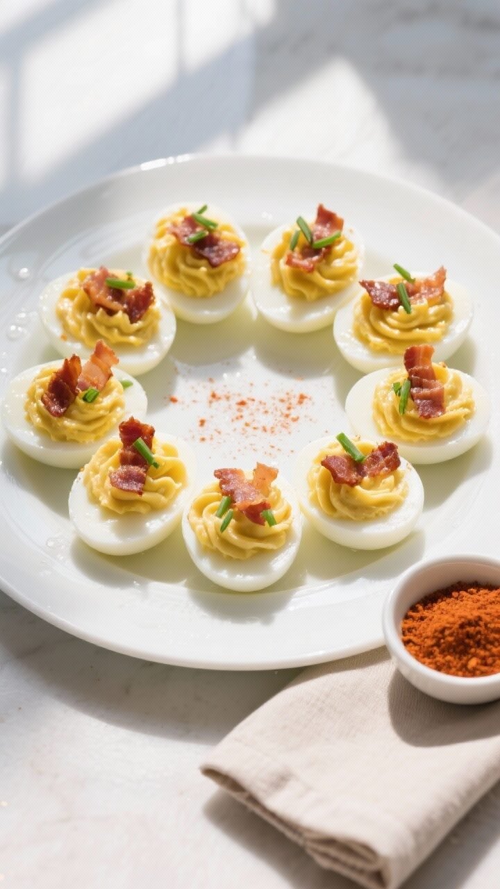 Final plated overhead: Keto Deviled Eggs with Bacon arranged in a tight circular pattern on a white 