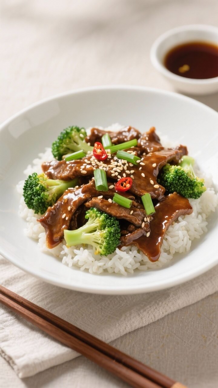 Final plated overhead: Mongolian Beef Stir-Fry with Broccoli served over steamed jasmine rice in a w