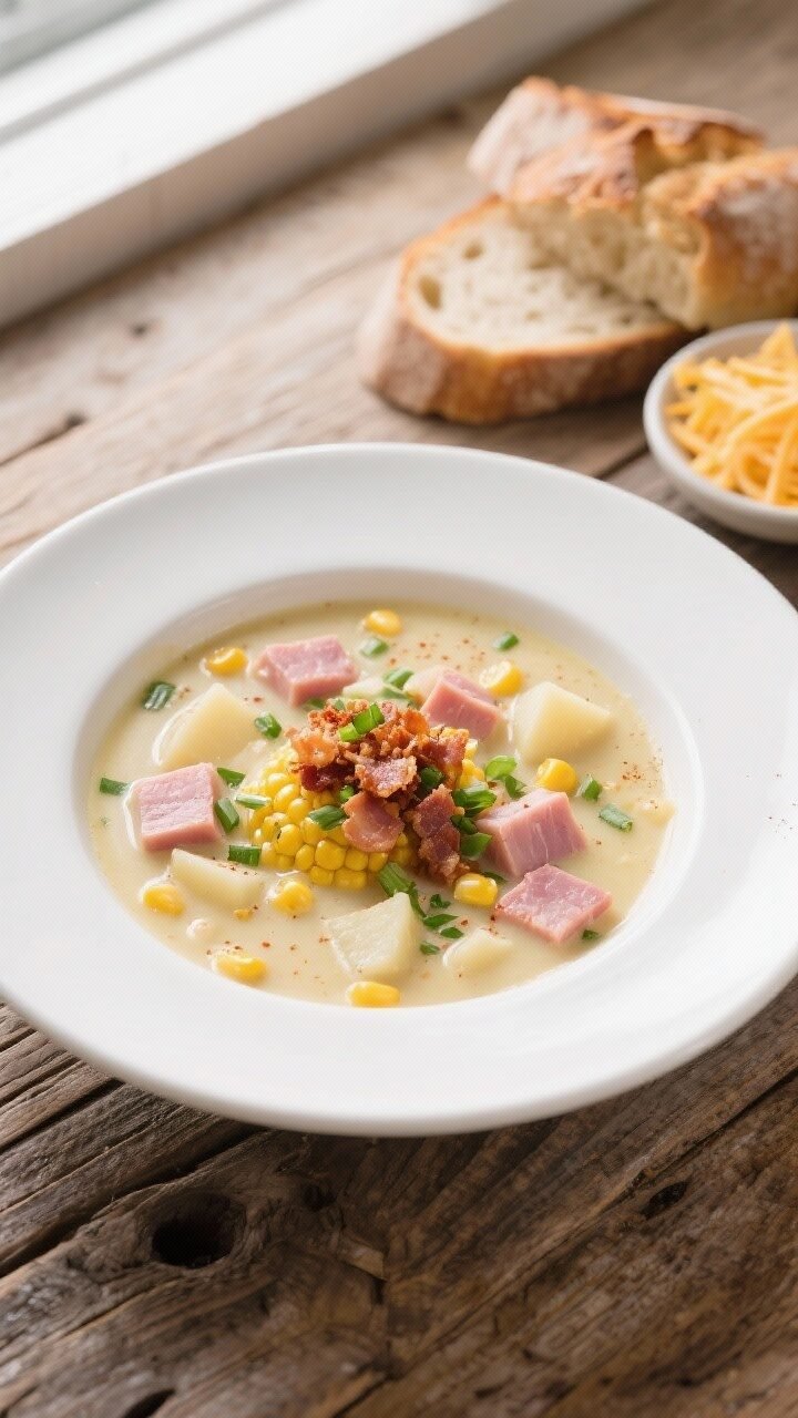 Final plated overhead: Overhead shot of a generously filled white ceramic bowl of Ham and Corn Chowd