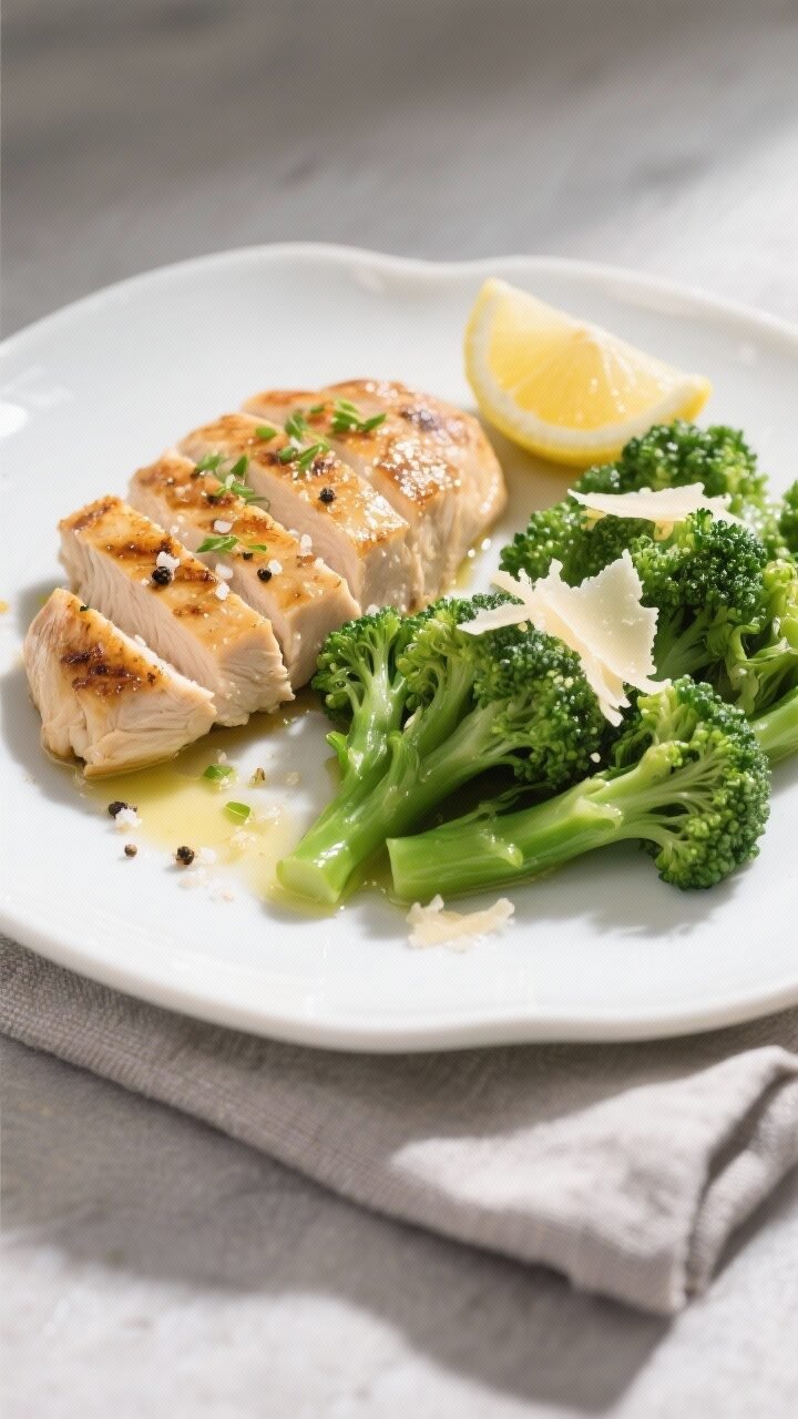 Final plated overhead: Overhead shot of sliced grilled chicken breast fanned across a white ceramic 