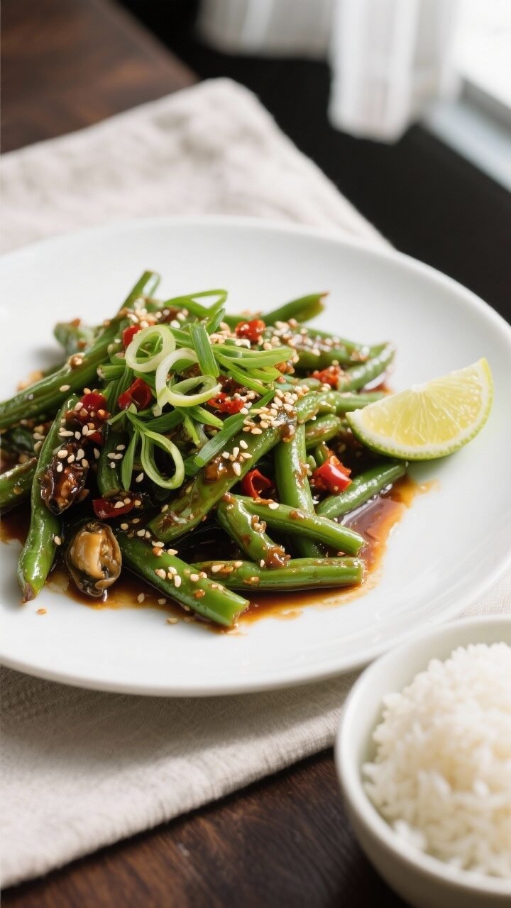 Final plated, overhead presentation: Overhead shot of the finished spicy Asian green beans on a wide