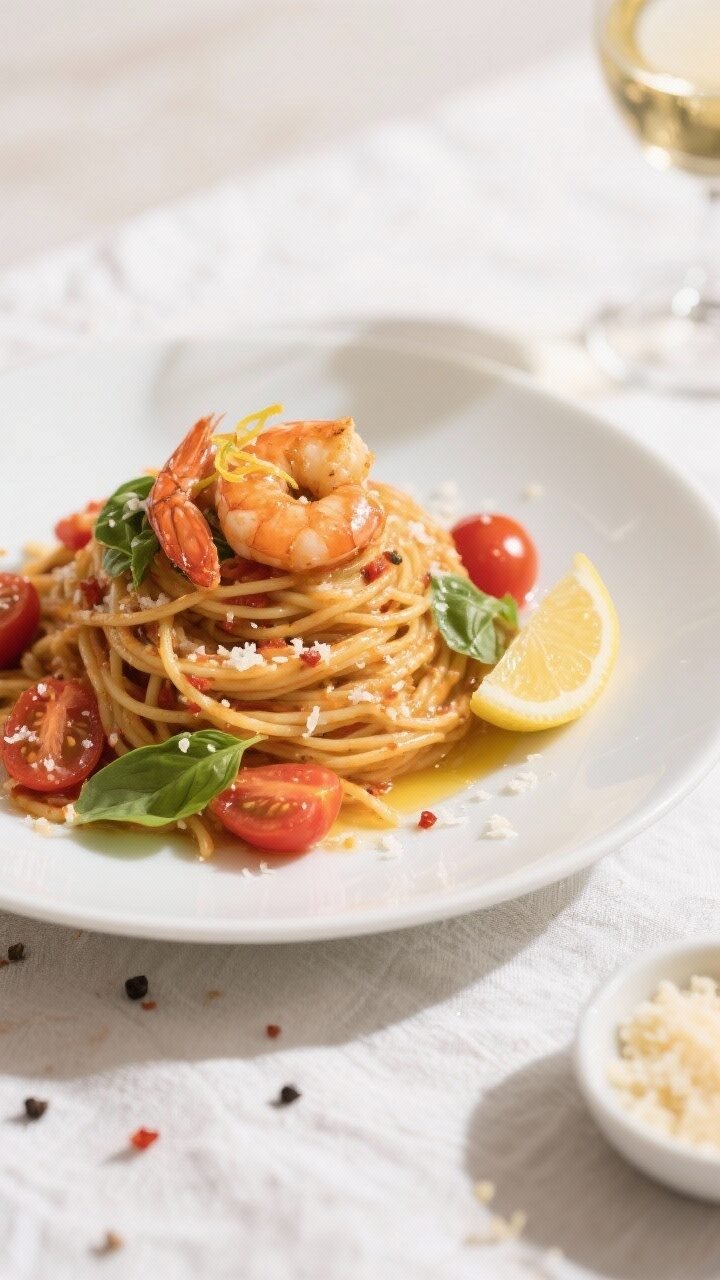 Final plated, overhead presentation: Overhead shot of Cherry Tomato Shrimp Pasta twirled into a neat