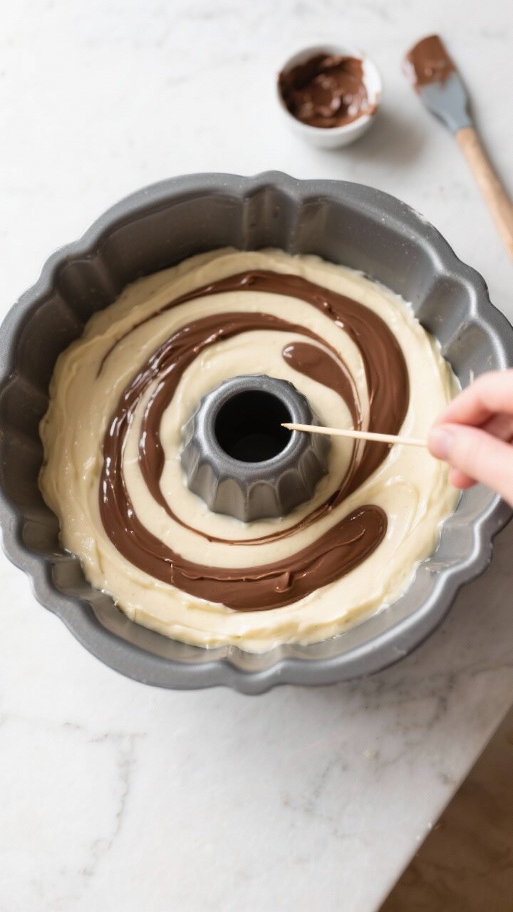 Overhead cooking-process shot of the marbling step: layered vanilla batter and dollops of chocolate 
