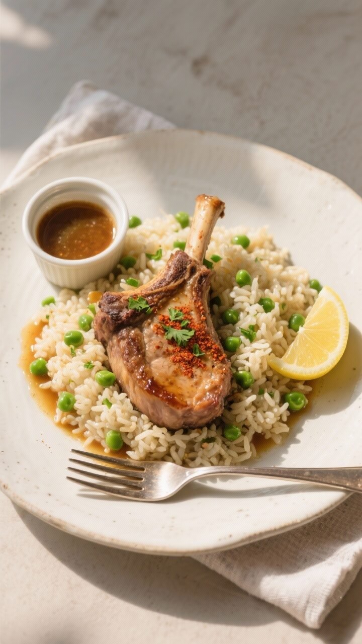 Overhead final plating: Tasty of a plated Pork Chop Rice Casserole serving—one bone-in chop atop a