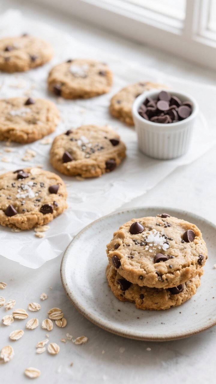 Overhead final presentation: No-bake peanut butter oat cookies neatly arranged on a parchment-lined 