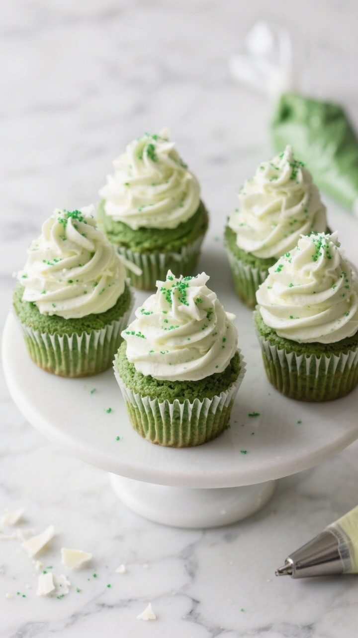 Overhead final presentation of Green Velvet Cupcakes crowned with smooth, pipeable cream cheese fros