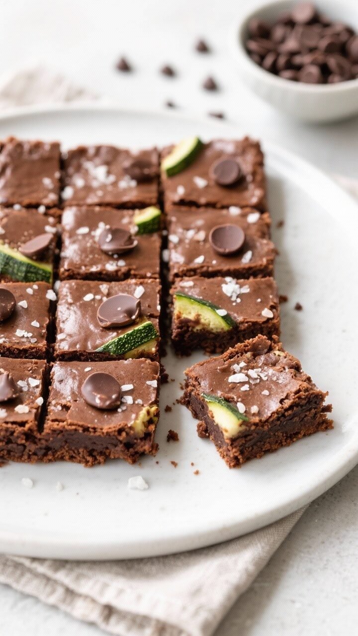 Overhead final presentation of plated zucchini brownies arranged on a matte white plate, neat grid o
