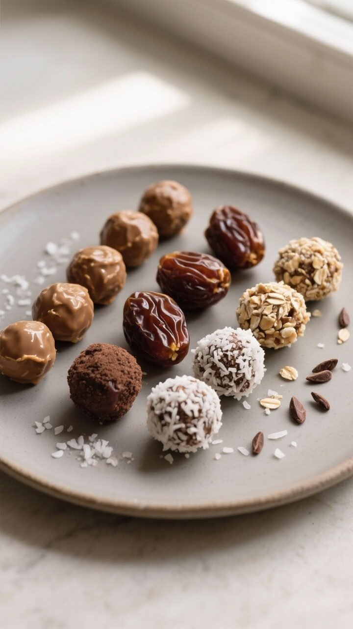 Overhead final presentation: Top-down shot of an assorted platter of energy balls made with Medjool 