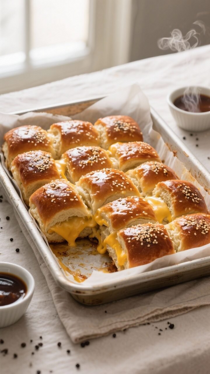Overhead shot of a 9x13 pan of oven-baked French dip sliders just out of the oven, tops deeply golde