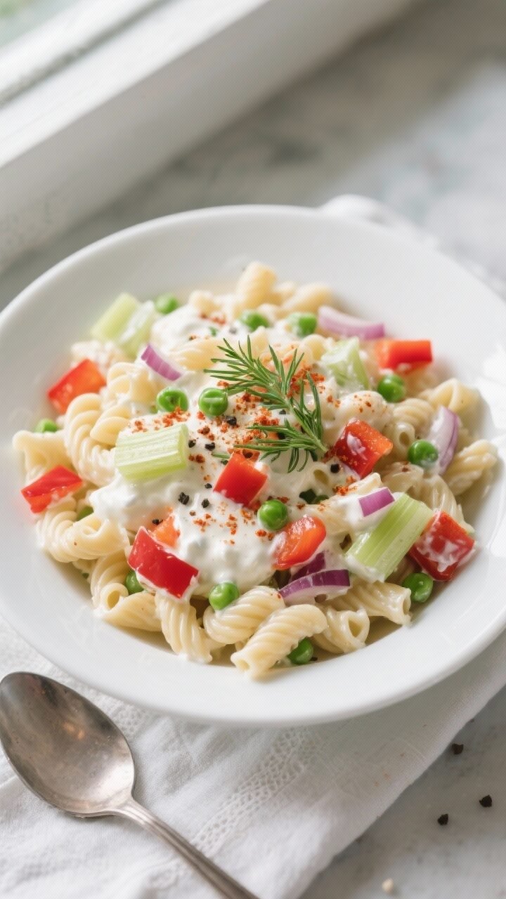 Overhead shot of a chilled, creamy deli-style macaroni salad in a wide, shallow white bowl, perfectl