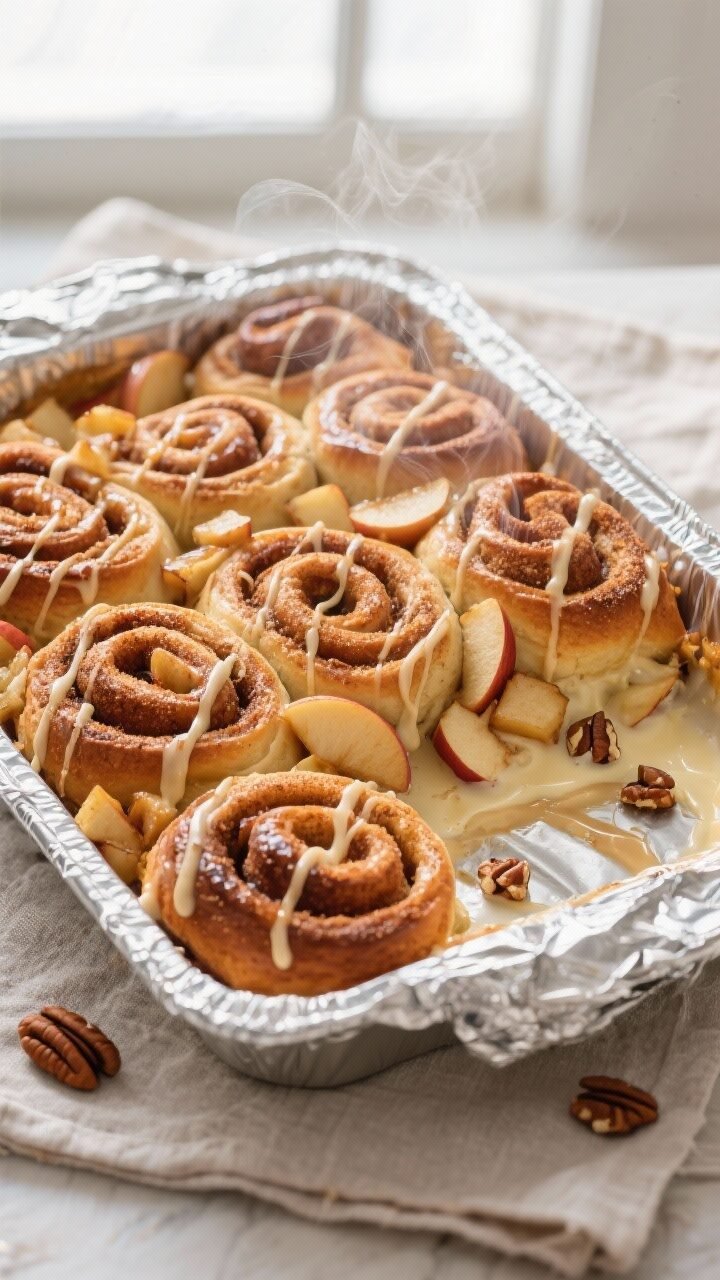 Overhead shot of a freshly baked Apple Cinnamon Roll Bake in a 9x13 dish, golden-brown top with glos
