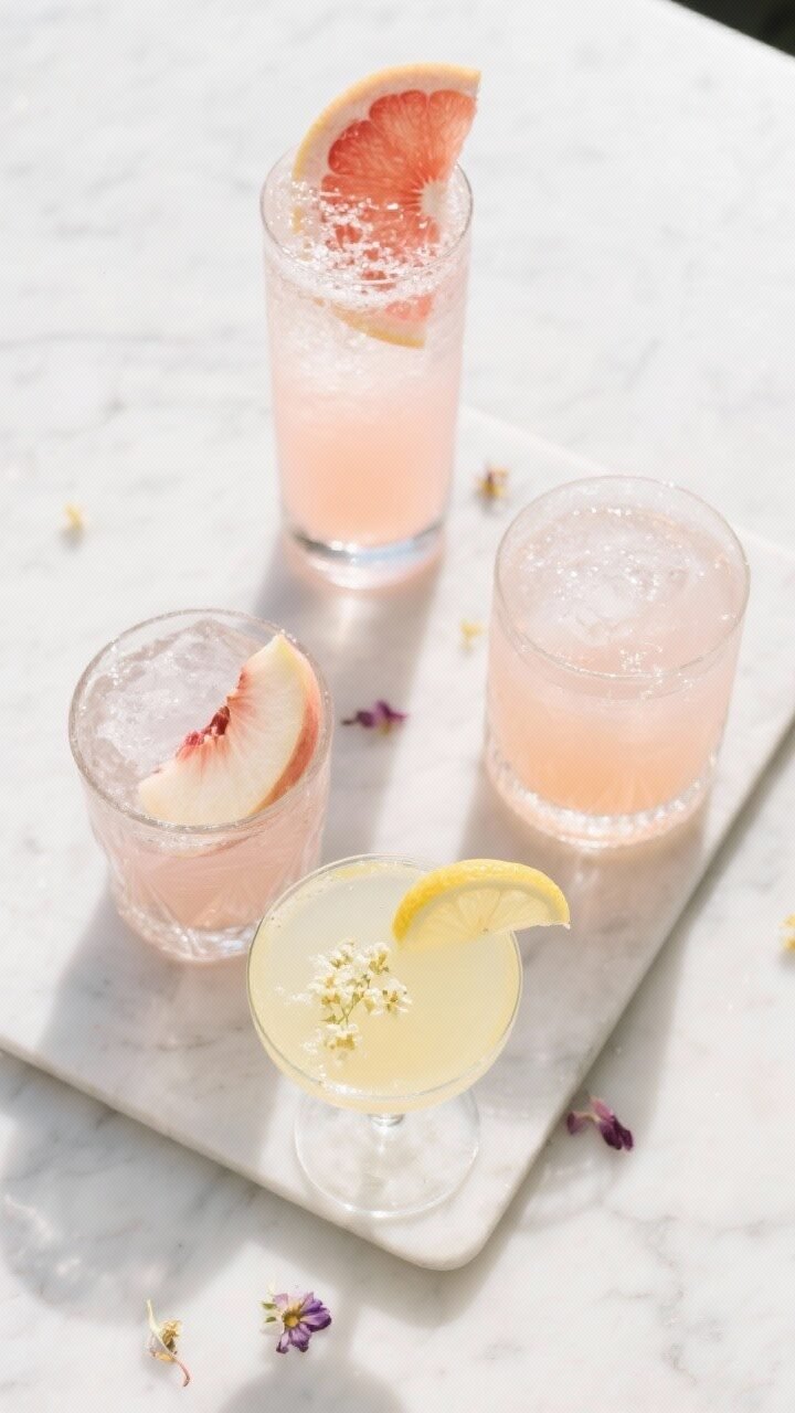 Overhead shot of a pastel cocktail flight in final presentation: a tall Collins with Pink Grapefruit