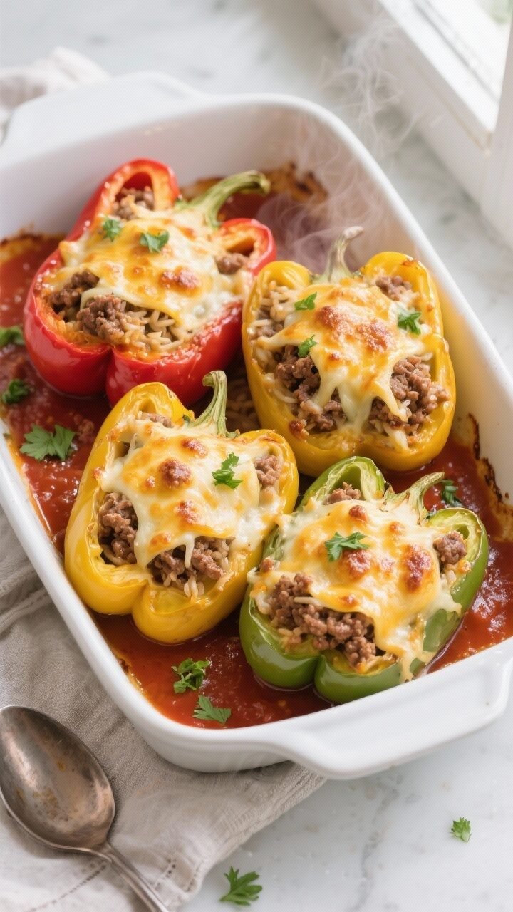 Overhead shot of baked cheesy ground beef stuffed peppers just out of the oven, four halved peppers 