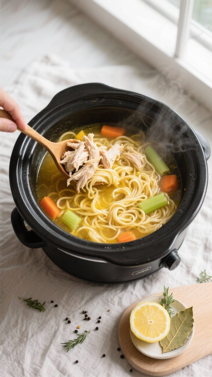 Overhead shot of crockpot chicken noodle soup during the finishing stage: steaming shredded chicken 