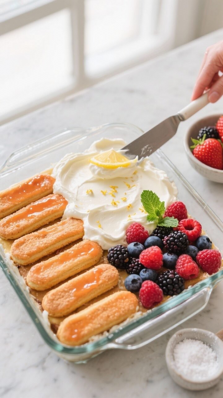 Overhead shot of Easy Berry Tiramisu mid-assembly: a 9x9-inch glass dish with a tight first layer of